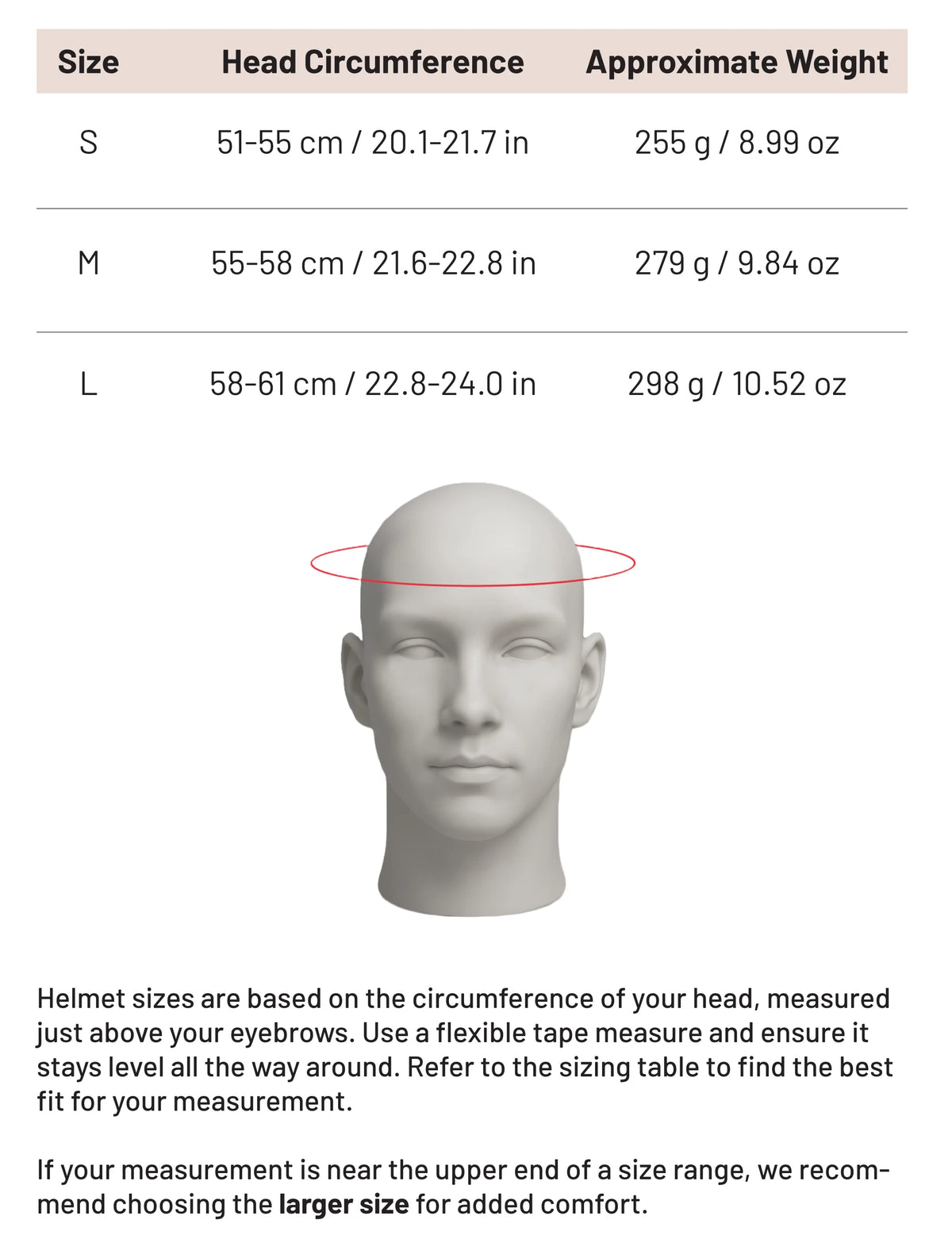 Circumference size chart for PIKIO Si OBLIK helmets.