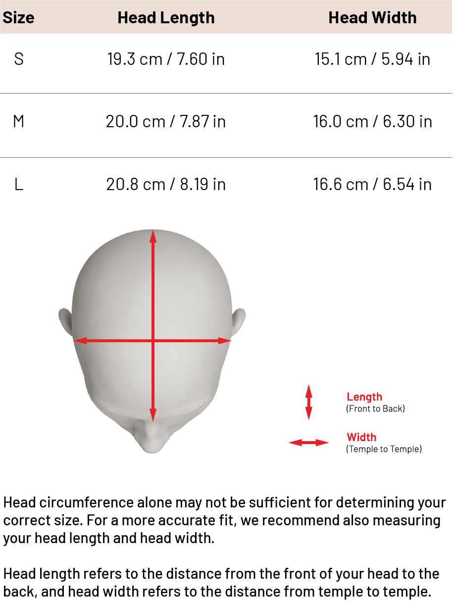 Measurement chart for head size with a diagram of a head and red lines indicating measurement points.