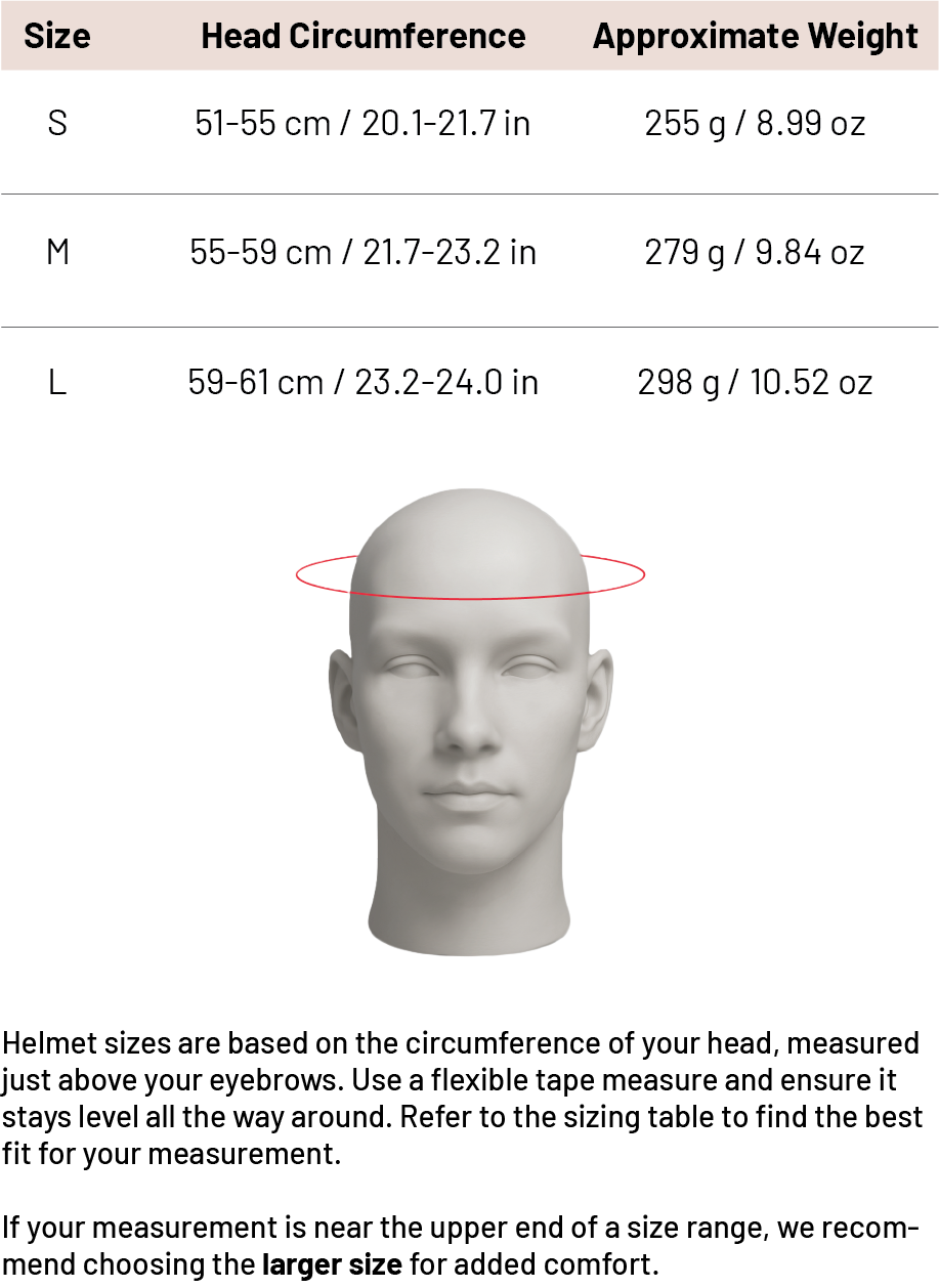 Helmet size chart with head circumference and weight measurements