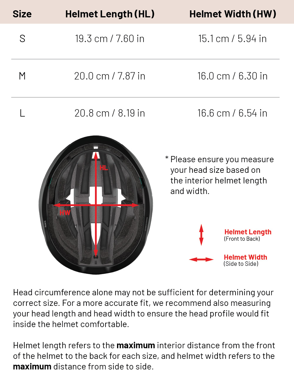 Helmet size chart for the PIKIO Si OBLIK
