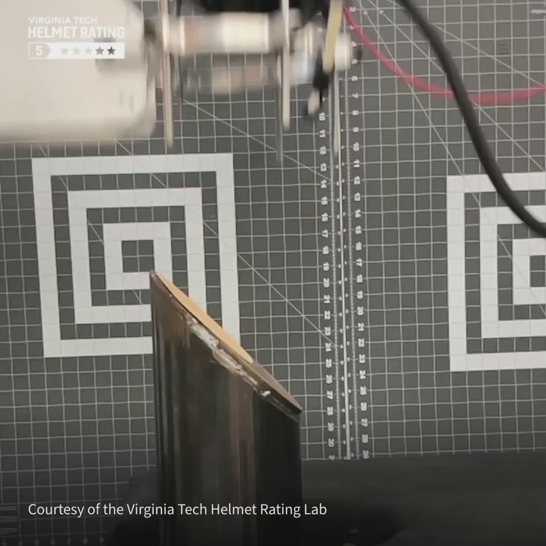 Load video: Lab testing of the PIKIO Si helmet showing the good angle of  rotation in slow motion as it hits an anvil